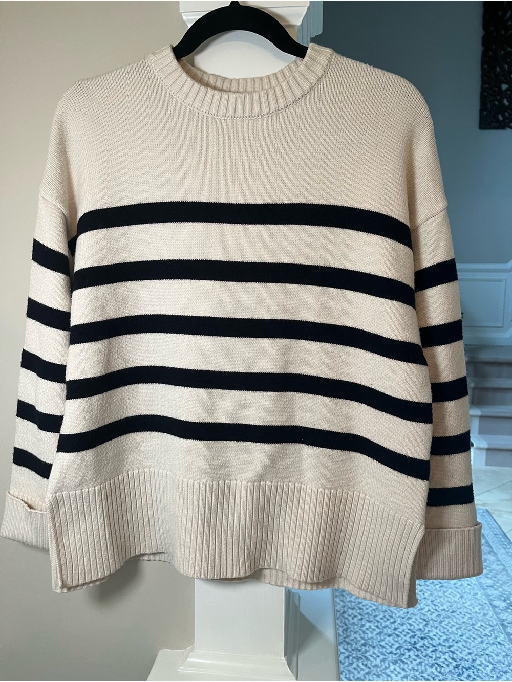 Zara Cream Black Striped Oversized Knit Sweater Size S Coastal Nautical